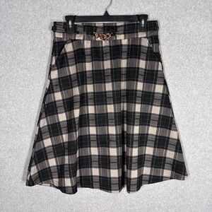 Black Tan Plaid Skirt Large Gold Chain Detail Pockets Skater Flare Circle Retro